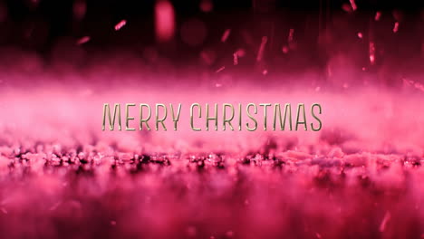Animation-Eines-Fröhlichen-Weihnachtstextes-über-Rosa-Partikeln,-Die-Auf-Schwarzen-Hintergrund-Fallen