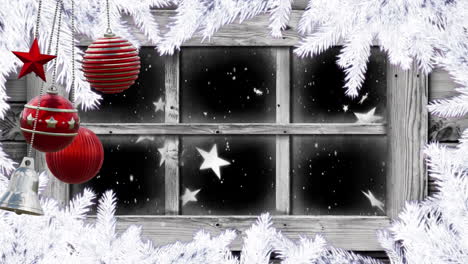 Animation-of-christmas-bauble-decorations-over-window-with-snow-falling-background