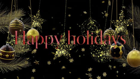 Animation-of-happy-holidays-text-with-baubles-and-stars-hanging-over-lens-flare-on-black-background