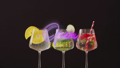 Animation-of-open-24-hours-neon-text-and-cocktails-on-black-background
