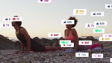 Animation-of-multiple-notification-bars-over-diverse-couple-doing-yoga-at-beach