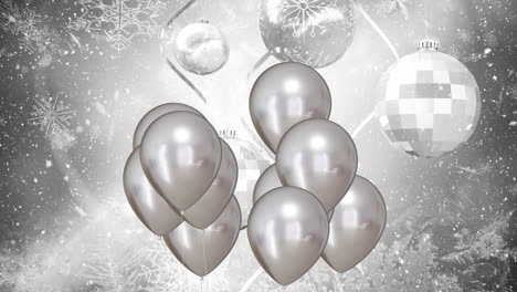 Animation-of-silver-balloons-with-mirror-ball-on-silver-background