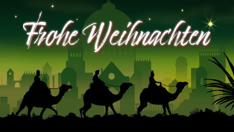 Animation-of-frohe-wihnachten-text-over-three-wise-men-on-green-background