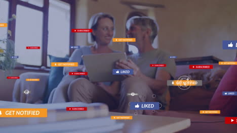 Animation-of-notification-bars-over-senior-caucasian-couple-watching-video-on-digital-tablet