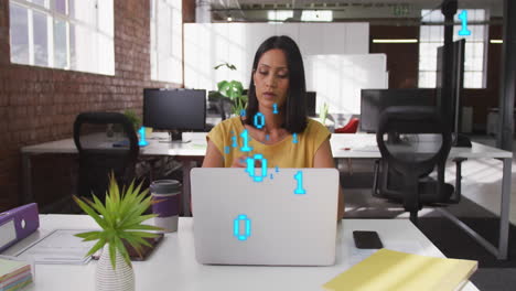 Animation-of-binary-codes-over-thoughtful-biracial-woman-working-on-laptop-in-office