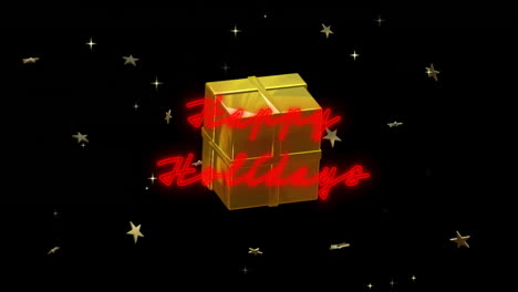 Animation-of-illuminated-happy-holidays-text-with-gift-box-and-stars-rotating-on-black-background