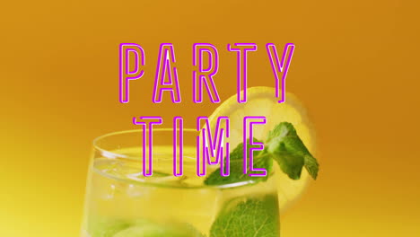 Animation-Von-Party-Time-Neontext-Und-Cocktail-Auf-Orangefarbenem-Hintergrund
