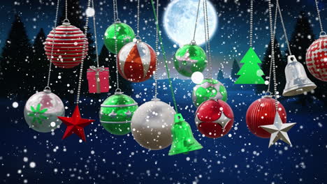 Animation-of-christmas-baubles-decorations-over-full-moon-in-winter-scenery-background