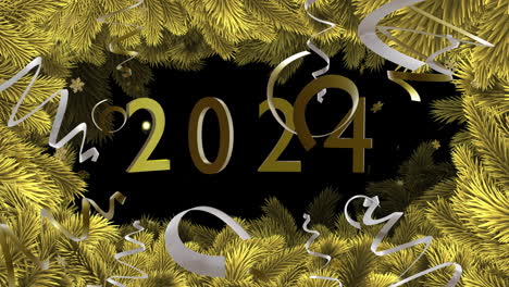Animation-of-2024-text,-gold-and-silver-streamers-on-black-background