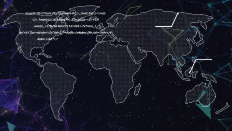 Animation-of-computer-language-and-moving-lines-over-map-against-black-background