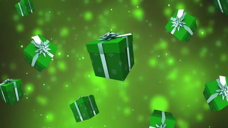 Animation-Von-Geschenken-Und-Lichtpunkten-Auf-Grünem-Hintergrund