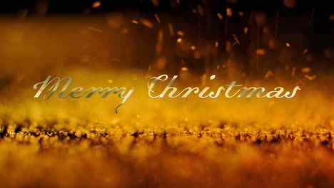 Animation-Eines-Fröhlichen-Weihnachtstextes-über-Orangefarbenen-Partikeln,-Die-Auf-Schwarzen-Hintergrund-Fallen