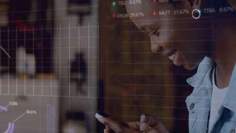 Animation-of-multiple-graphs-and-trading-boards,-african-american-woman-using-smartphone