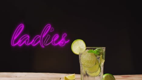 Animation-of-ladies-neon-text-and-cocktail-on-black-background