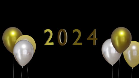 Animation-of-2024-text,-gold-and-silver-balloons-on-black-background