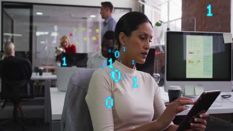 Animation-of-binary-codes-over-biracial-woman-scrolling-on-digital-tablet-in-office
