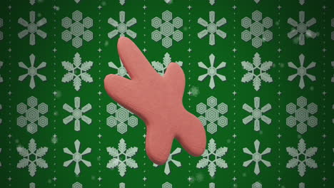Animation-of-ginger-bread-cookie-over-snow-pattern-on-green-background