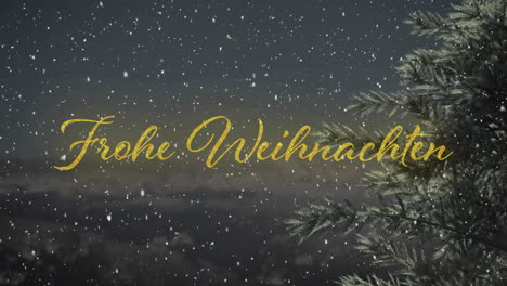 Animation-of-frohe-weinhnachten-text-over-snow-falling-background