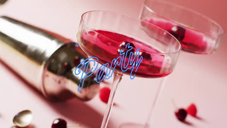 Animation-of-party-neon-text-and-cocktails-on-pink-background