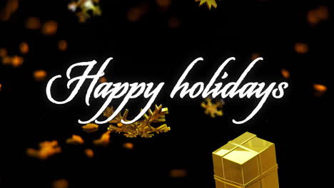 Animation-of-happy-holidays-text-over-christmas-decorations-on-black-background