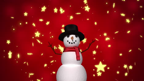 Animation-of-snowman-and-stars-falling-on-red-background