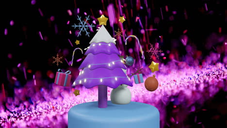 Animation-of-colorful-sprinklers-splashing-on-rotating-christmas-tree-and-decorations
