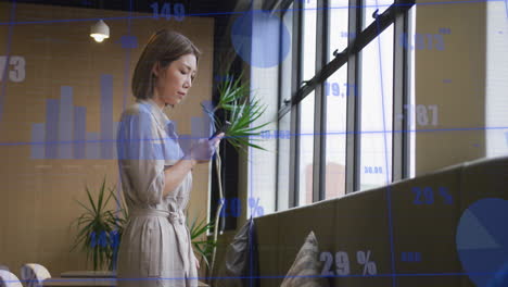 Animation-of-graphs-and-changing-numbers-over-asian-woman-standing-near-window-and-using-cellphone