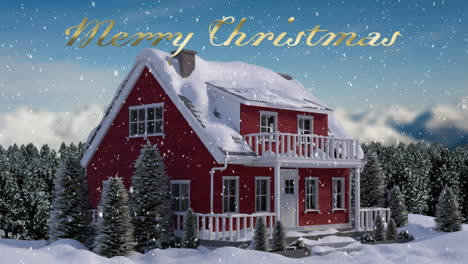 Animation-Von-Frohe-Weihnachten-Text-Und-Haus-Im-Winterlandschaftshintergrund