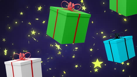 Animation-of-christmas-presents-over-stars-falling-on-blue-background