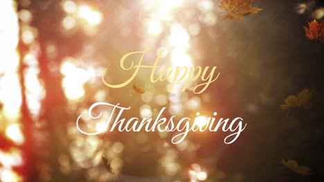 Animation-of-happy-thanksgiving-text-over-falling-leaves-against-trees-in-background