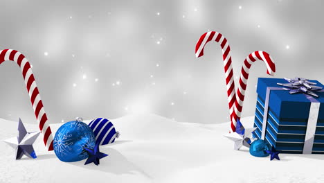 Animation-of-christmas-decoration-over-snow-falling-on-grey-background