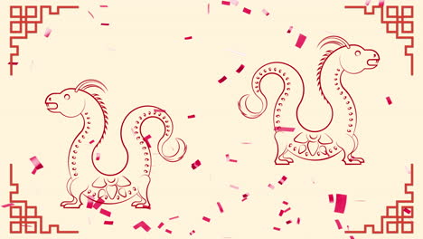Animation-of-confetti-and-dragon-signs-with-chinese-pattern-on-yellow-background