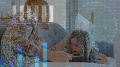 Animation-of-graphs,-radars-and-map-over-caucasian-mother-and-daughter-playing-at-home
