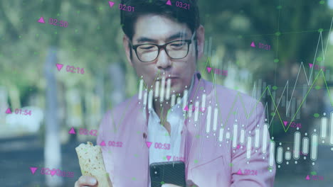 Animation-of-graphs-and-changing-numbers,-asian-woman-scrolling-on-cellphone-while-eating-food
