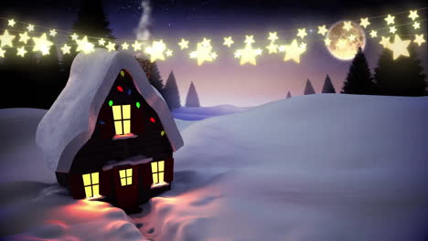 Animation-of-star-lights,-smoke-from-chimney-of-house-on-snow-covered-land-against-trees-and-sky