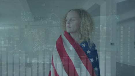 Animation-of-multiple-graphs-over-caucasian-woman-wrapping-national-flag-of-america-on-body