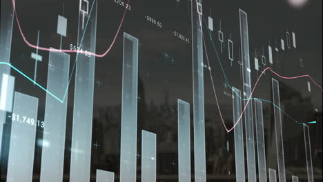 Animation-of-multiple-graphs-with-changing-numbers-over-modern-buildings-against-sky