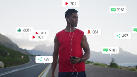 Animation-of-notification-bars-over-african-american-athlete-standing-and-listening-to-music