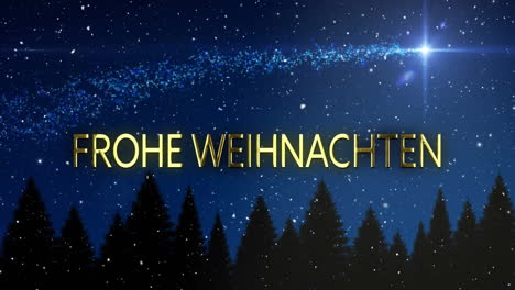 Animation-of-frohe-weihnachten-text-over-snow-falling-in-christmas-shooting-star-background