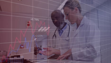 Animation-of-graphs,-changing-numbers-over-diverse-doctors-standing-and-discussing-patient-reports