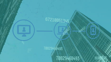 Animation-of-flowchart-and-changing-numbers-over-low-angle-view-of-building-against-sky