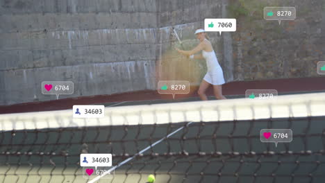 Animation-of-multiple-notification-bars-over-caucasian-female-tennis-player-hitting-ball-with-racket