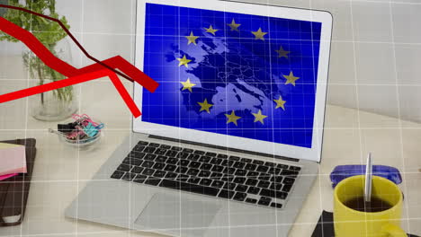Animation-Von-Liniendiagrammen,-Die-Verluste-über-Einen-Laptop-Mit-Der-Flagge-Der-Europäischen-Union-Auf-Dem-Bildschirm-Darstellen