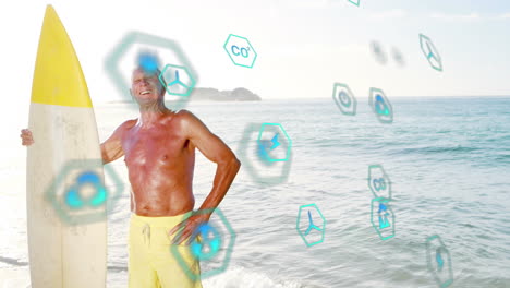 Animation-of-icons,-smiling-senior-caucasian-male-surfer-with-surfboard-standing-against-sea
