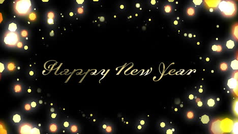 Animation-of-happy-new-year-text-over-glowing-spots-of-light-on-black-background