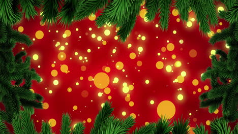 Animation-of-fir-tree-branches-with-glowing-lights-on-red-background