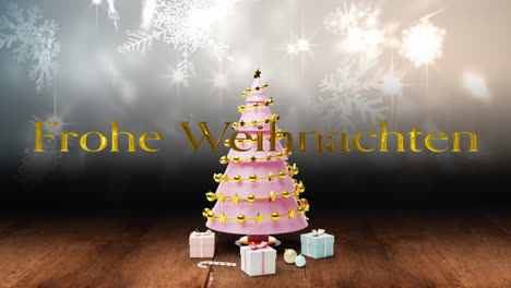 Animation-of-frohe-wihnachten-text-over-christmas-tree