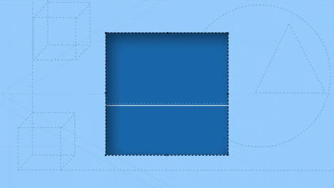 Animación-De-Ondas,-Cubos-3d,-Triángulos-Y-Cortadoras-Cortando-Forma-Cuadrada-Sobre-Fondo-Azul
