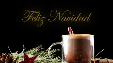 Animation-of-feliz-navidad-text-and-christmas-mug-of-chocolate-on-black-background