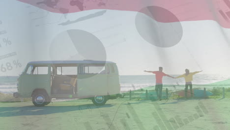 Animation-of-infographic-interface,-hungarian-flag,-diverse-couple-with-van-enjoying-at-beach
